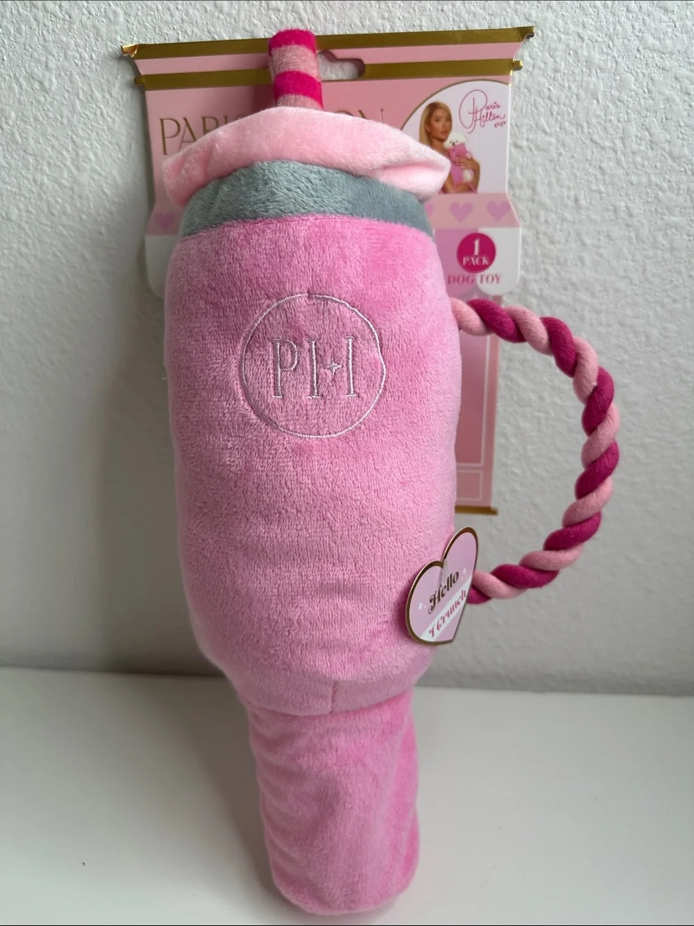 Paris Hilton Pink Plush Shake Dog Toy with Striped Rope Handle